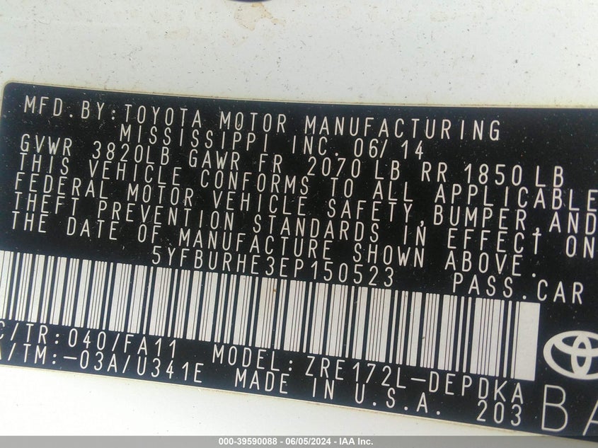 2014 Toyota Corolla L VIN: 5YFBURHE3EP150523 Lot: 39590088