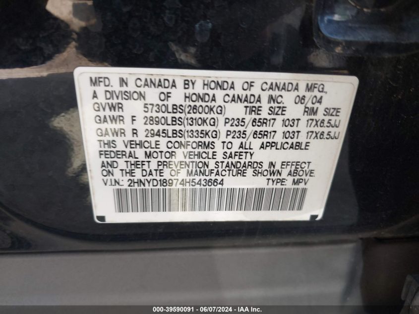 2004 Acura Mdx VIN: 2HNYD18974H543664 Lot: 39590091