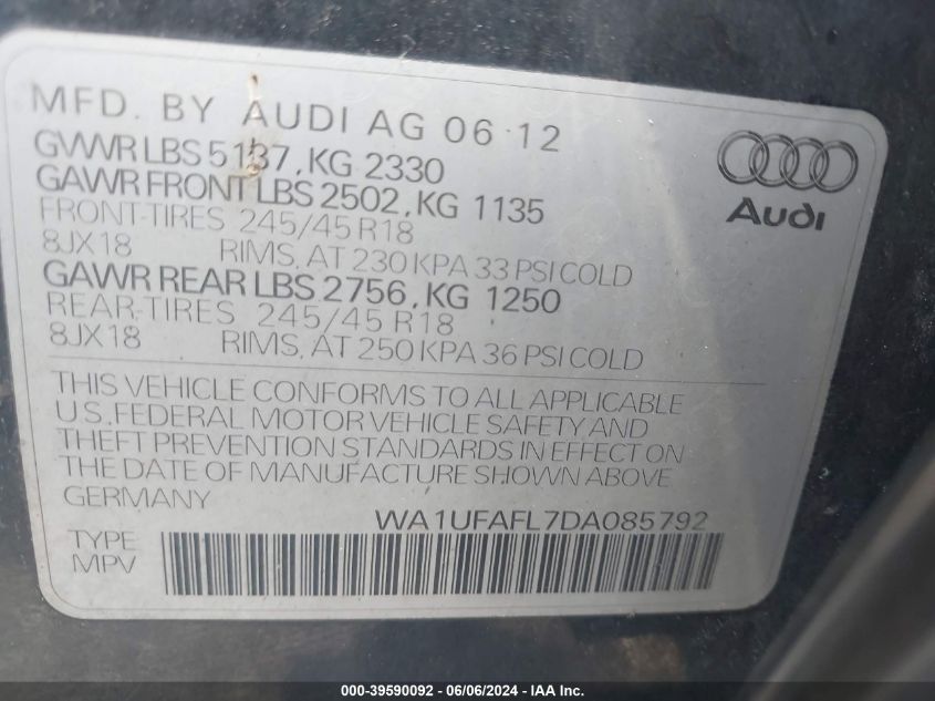 2013 Audi Allroad 2.0T Premium Plus VIN: WA1UFAFL7DA085792 Lot: 39590092