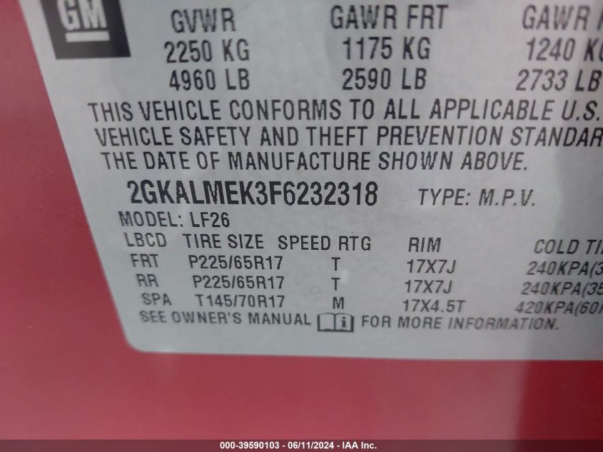 2015 GMC Terrain Sle-1 VIN: 2GKALMEK3F6232318 Lot: 39590103