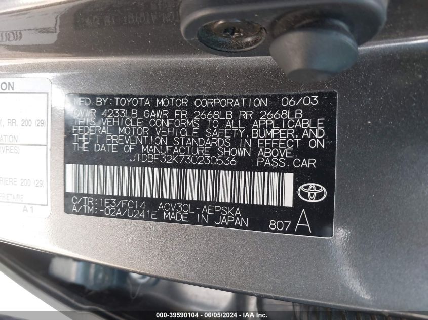 2003 Toyota Camry Se VIN: JTDBE32K730230536 Lot: 39590104