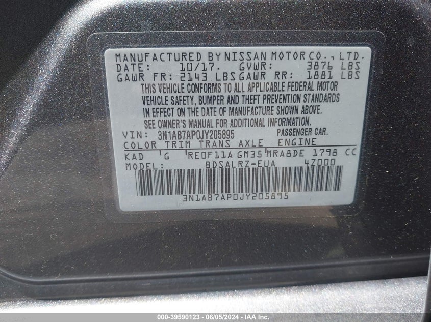 2018 Nissan Sentra Sr VIN: 3N1AB7AP0JY205895 Lot: 39590123