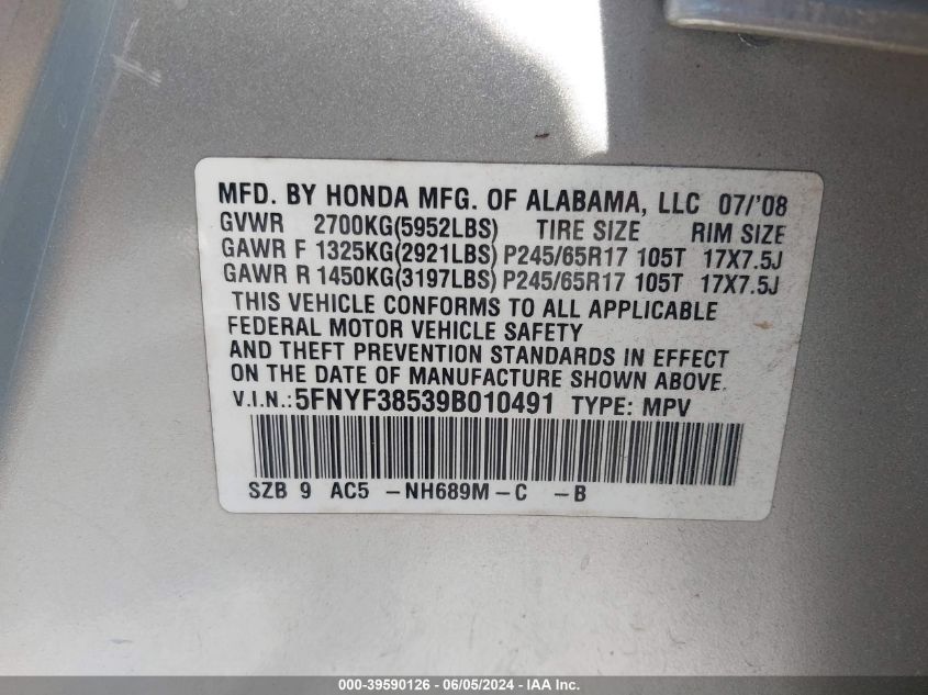 2009 Honda Pilot Ex-L VIN: 5FNYF38539B010491 Lot: 39590126
