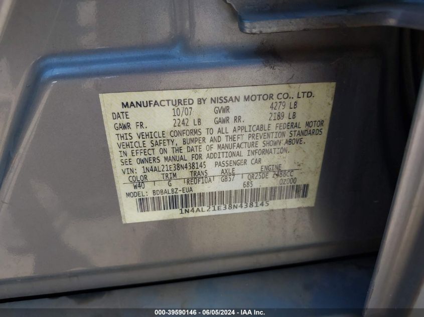 2008 Nissan Altima 2.5 S VIN: 1N4AL21E38N438145 Lot: 39590146