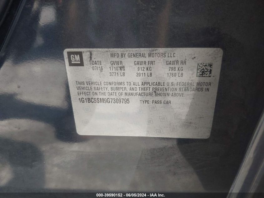 2016 Chevrolet Cruze Ls Auto VIN: 1G1BC5SM9G7309795 Lot: 39590152