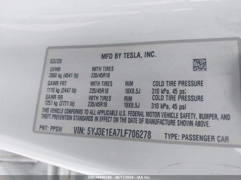 2020 Tesla Model 3 Standard Range Plus Rear-Wheel Drive/Standard Range Rear-Wheel Drive VIN: 5YJ3E1EA7LF706278 Lot: 39590169