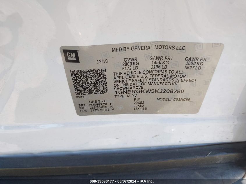 2019 Chevrolet Traverse 1Lt VIN: 1GNERGKW5KJ208790 Lot: 39590177