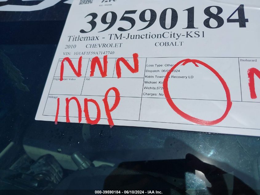 2010 Chevrolet Cobalt Lt VIN: 1G1AF1F59A7147740 Lot: 39590184