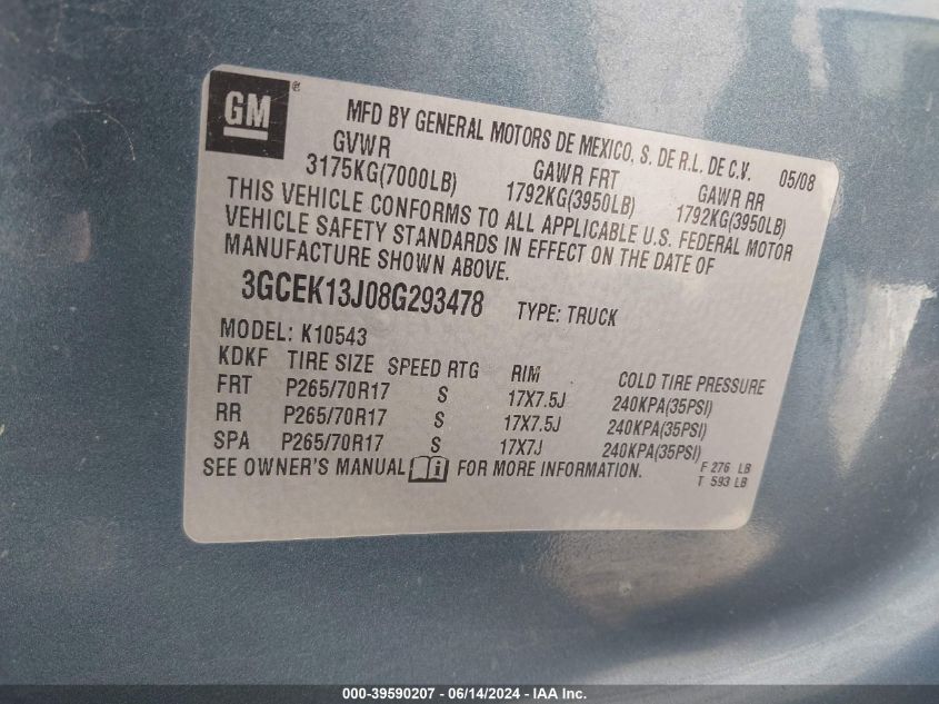 2008 Chevrolet Silverado 1500 Lt1 VIN: 3GCEK13J08G293478 Lot: 39590207