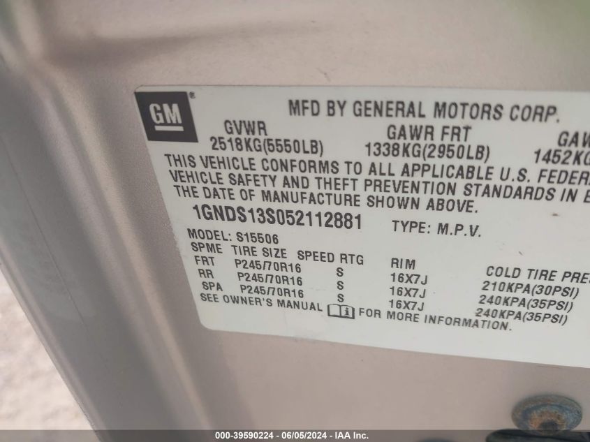 2005 Chevrolet Trailblazer Ls VIN: 1GNDS13S052112881 Lot: 39590224