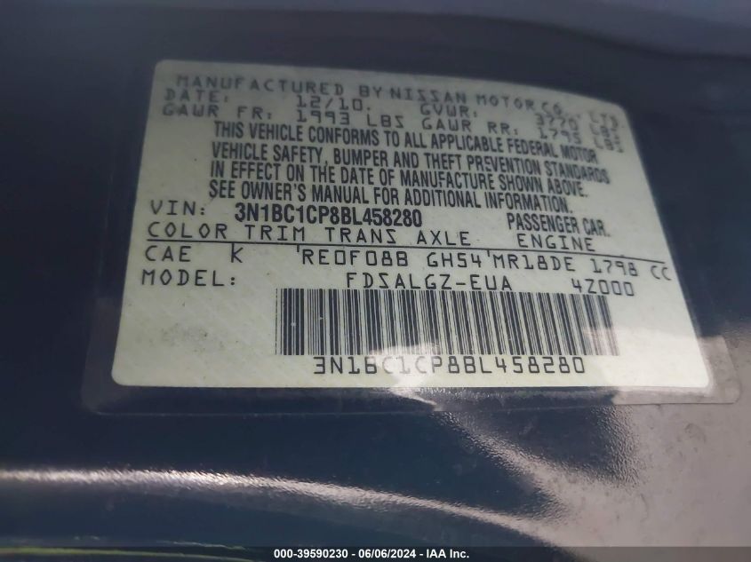 2011 Nissan Versa S/Sl VIN: 3N1BC1CP8BL458280 Lot: 39590230