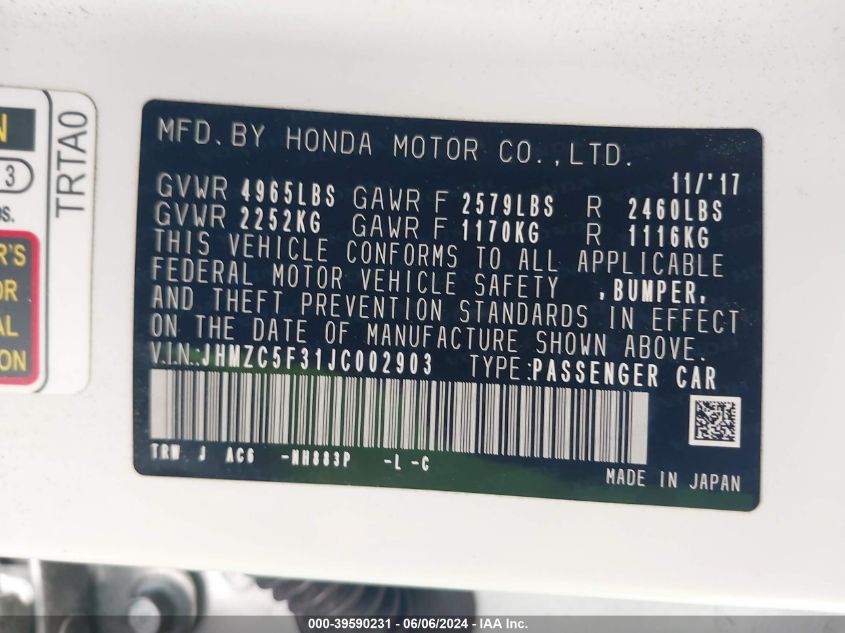 JHMZC5F31JC002903 2018 Honda Clarity Plug-In Hybrid Touring