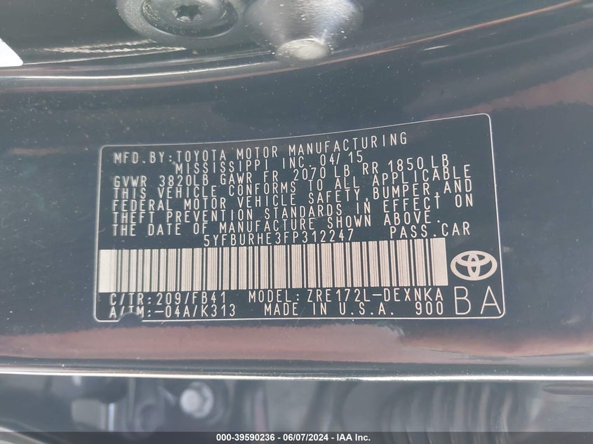 2015 Toyota Corolla Le VIN: 5YFBURHE3FP312247 Lot: 39590236