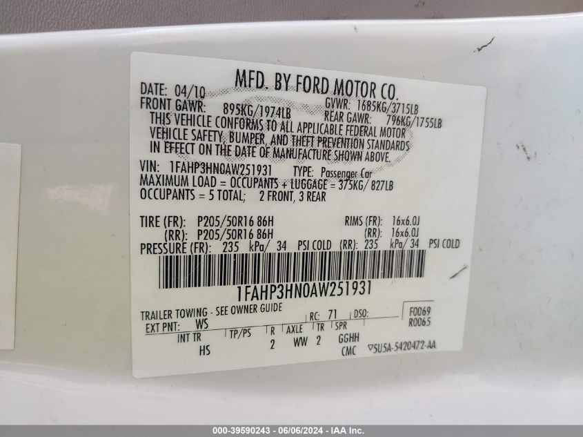 2010 Ford Focus Sel VIN: 1FAHP3HN0AW251931 Lot: 39590243