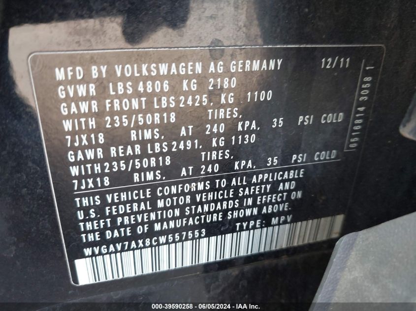 2012 Volkswagen Tiguan Se VIN: WVGAV7AX8CW557553 Lot: 39590258