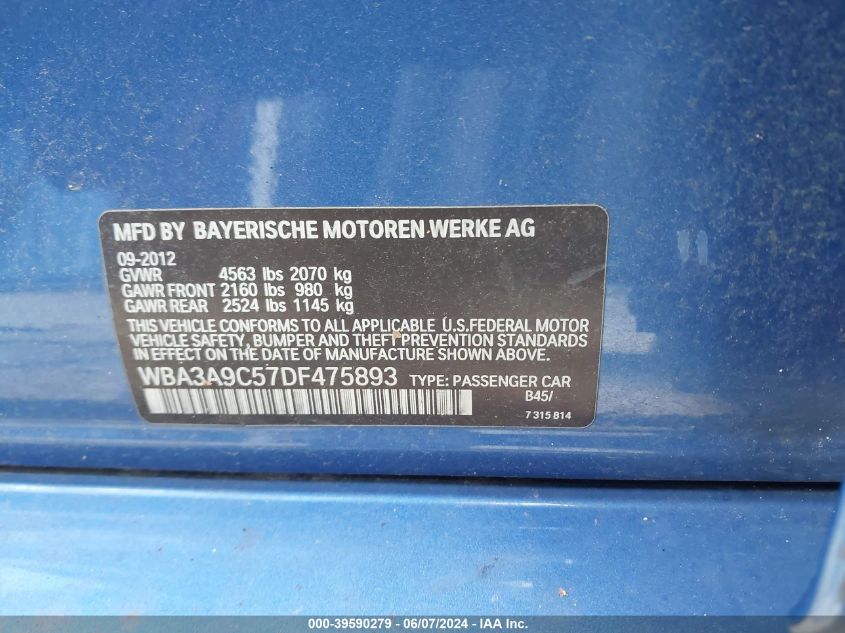 2013 BMW 335I VIN: WBA3A9C57DF475893 Lot: 39590279