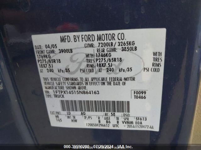 2005 Ford F-150 VIN: 1FTPX14515NB64163 Lot: 39590280