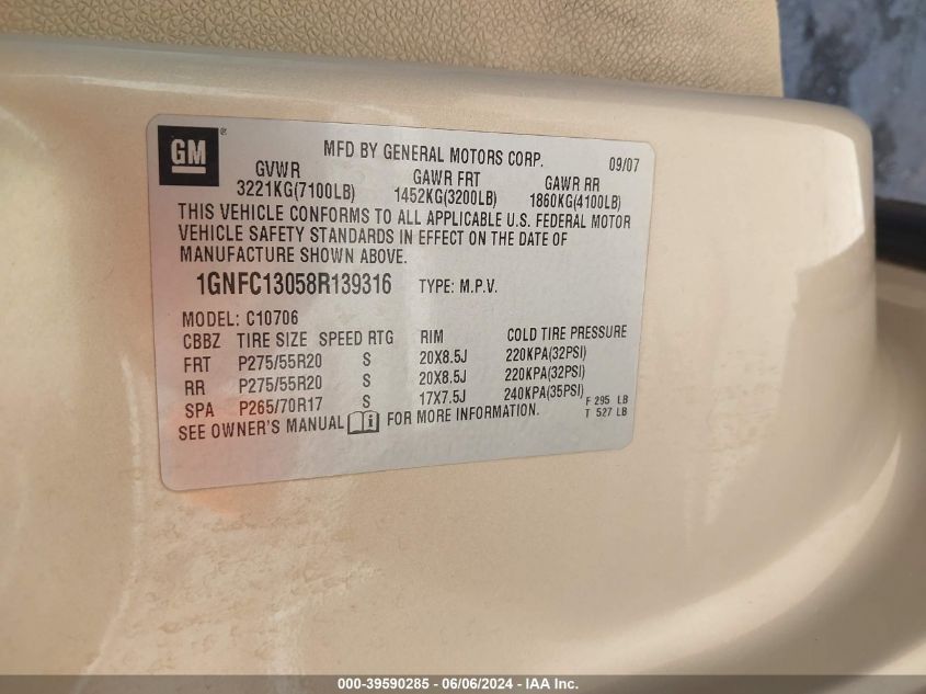 2008 Chevrolet Tahoe Lt VIN: 1GNFC13058R139316 Lot: 39590285