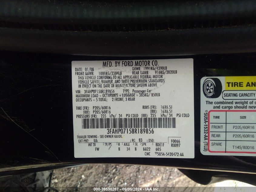 2008 Ford Fusion Se VIN: 3FAHP07158R189856 Lot: 39590287