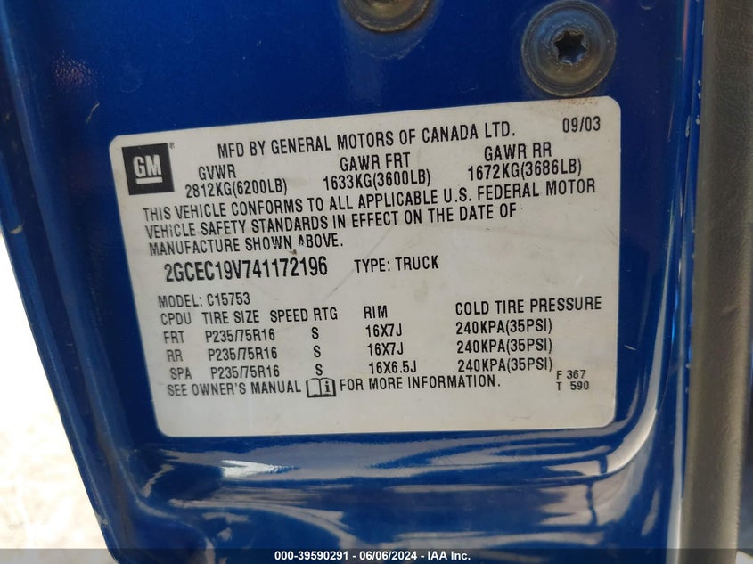 2004 Chevrolet Silverado C1500 VIN: 2GCEC19V741172196 Lot: 39590291