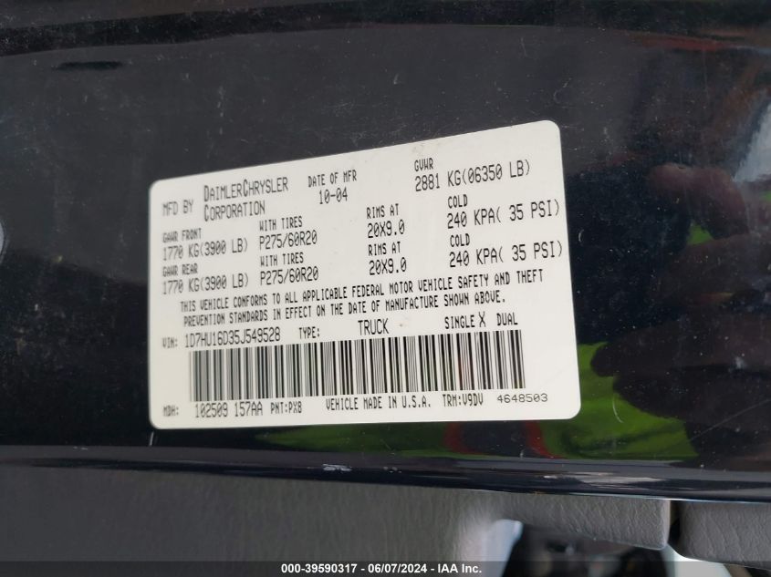 2005 Dodge Ram 1500 Slt/Laramie VIN: 1D7HU16D35J549528 Lot: 39590317