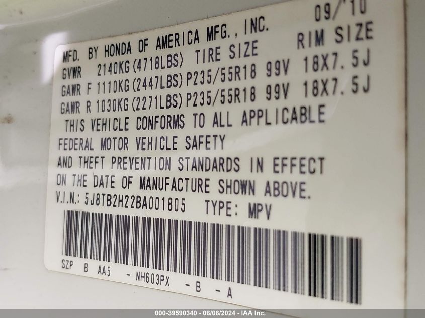 2011 Acura Rdx VIN: 5J8TB2H22BA001805 Lot: 39590340