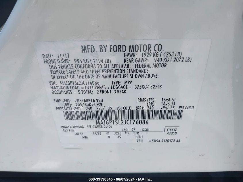 2018 Ford Ecosport S VIN: MAJ6P1SL2JC176086 Lot: 39590345