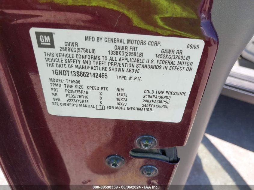 2006 Chevrolet Trailblazer Ls VIN: 1GNDT13S662142465 Lot: 39590359