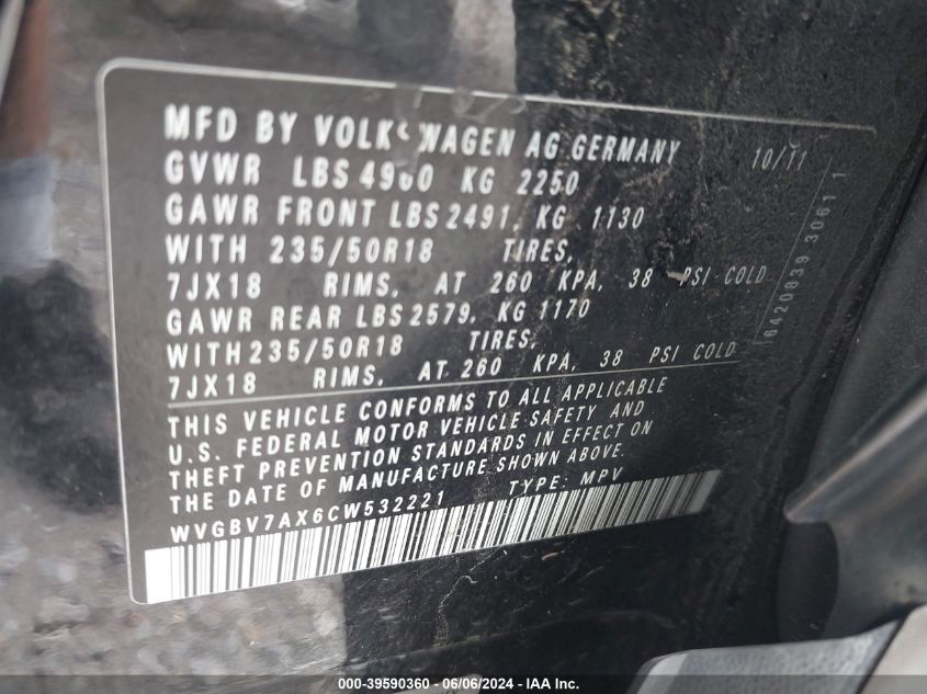 2012 Volkswagen Tiguan Se VIN: WVGBV7AX6CW532221 Lot: 39590360