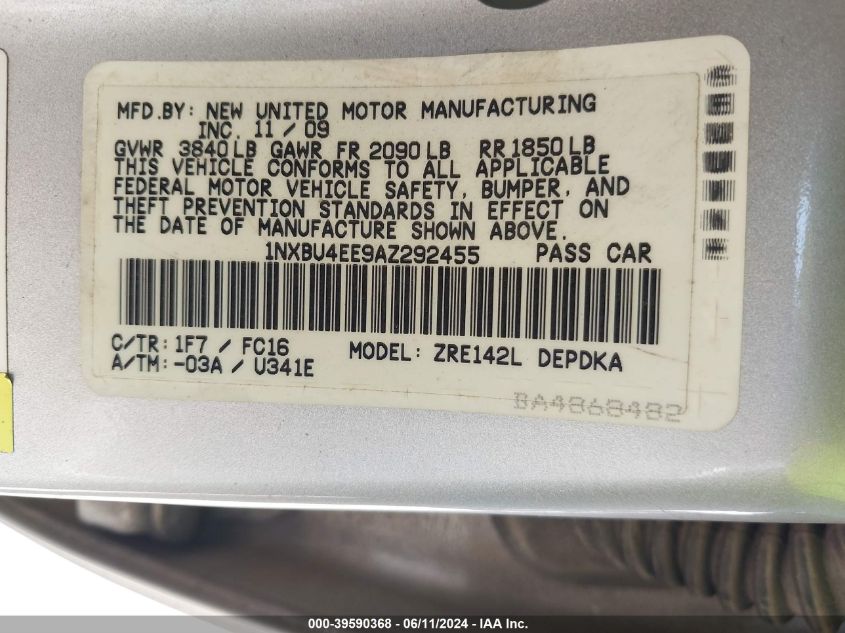 2010 Toyota Corolla Le VIN: 1NXBU4EE9AZ292455 Lot: 39590368