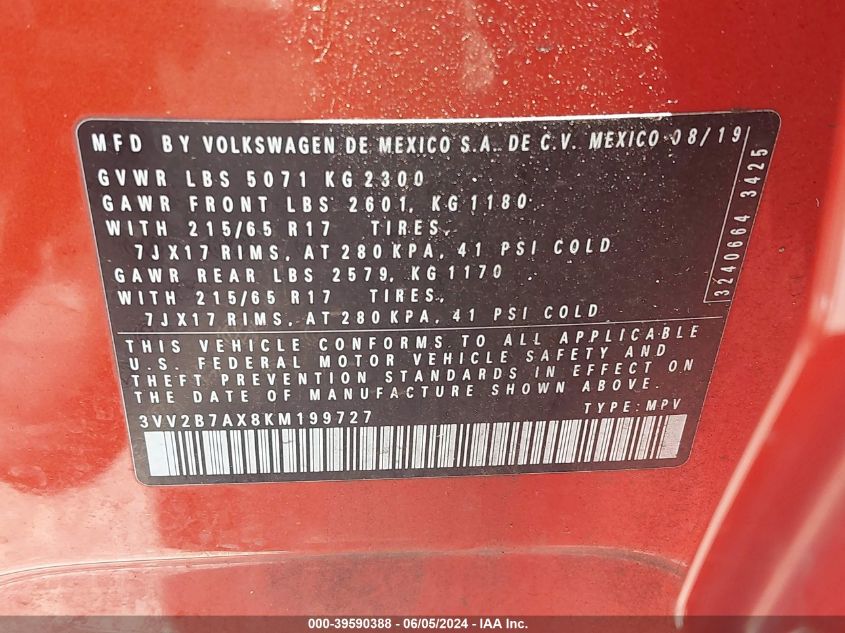 2019 Volkswagen Tiguan 2.0T Se/2.0T Sel/2.0T Sel R-Line/2.0T Sel R-Line Black VIN: 3VV2B7AX8KM199727 Lot: 39590388