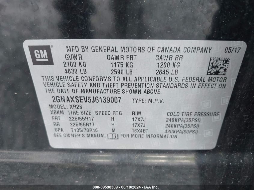 2018 Chevrolet Equinox Lt VIN: 2GNAXSEV5J6139007 Lot: 39590389