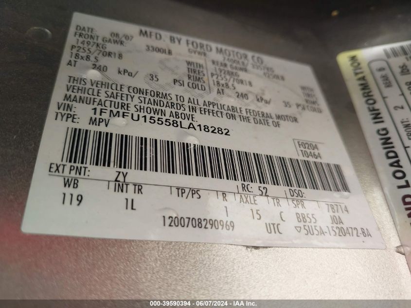 2008 Ford Expedition Xlt VIN: 1FMFU15558LA18282 Lot: 39590394