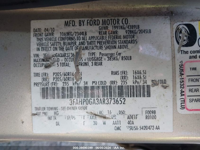 2010 Ford Fusion S VIN: 3FAHP0GA3AR373652 Lot: 39590399