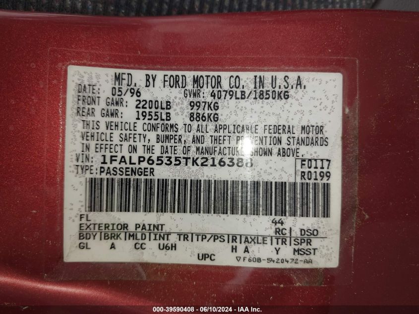 1996 Ford Contour Gl/Sport VIN: 1FALP6535TK216388 Lot: 39590408