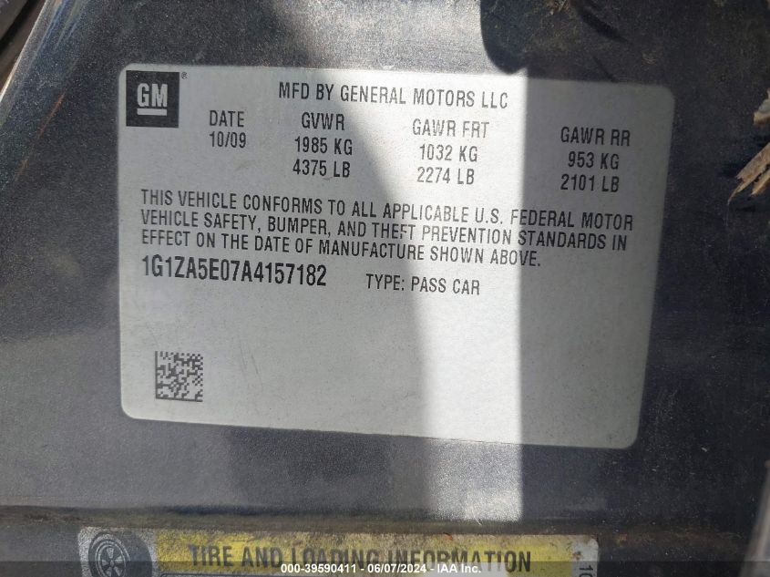 2010 Chevrolet Malibu Ls VIN: 1G1ZA5E07A4157182 Lot: 39590411