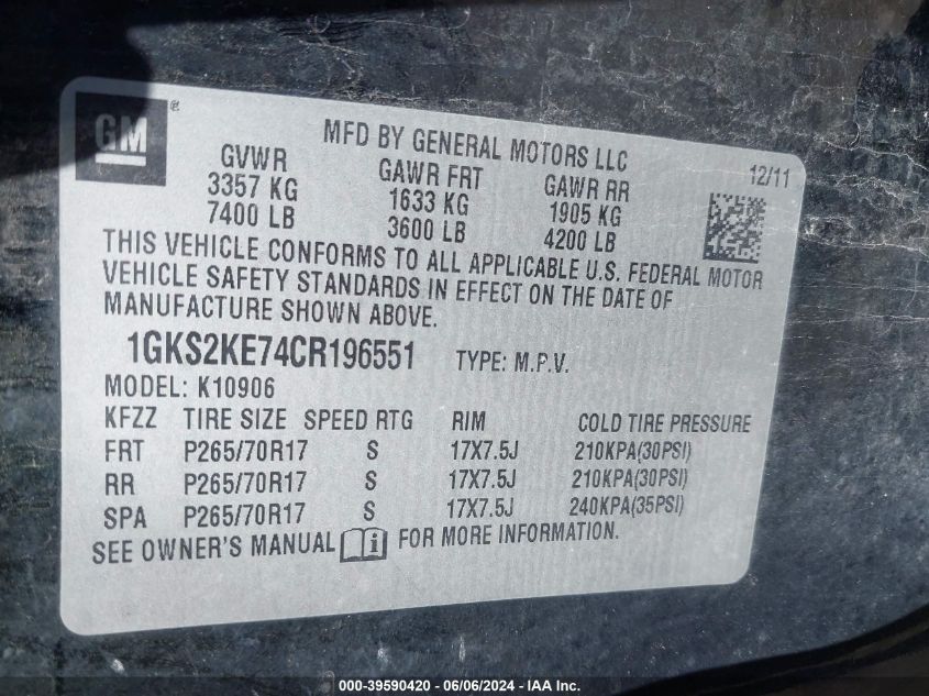 2012 GMC Yukon Xl 1500 K1500 Slt VIN: 1GKS2KE74CR196551 Lot: 39590420