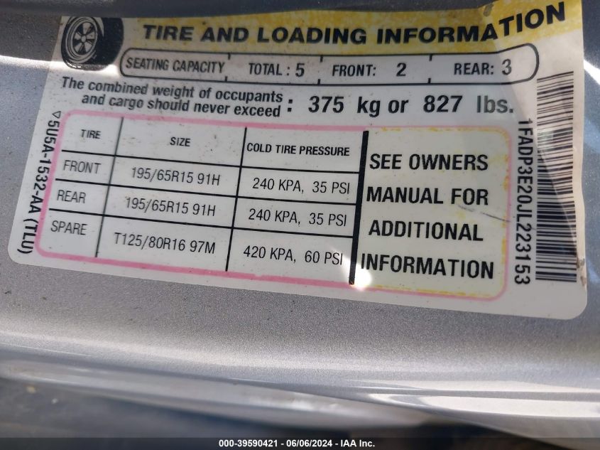 2018 Ford Focus S VIN: 1FADP3E20JL223153 Lot: 39590421