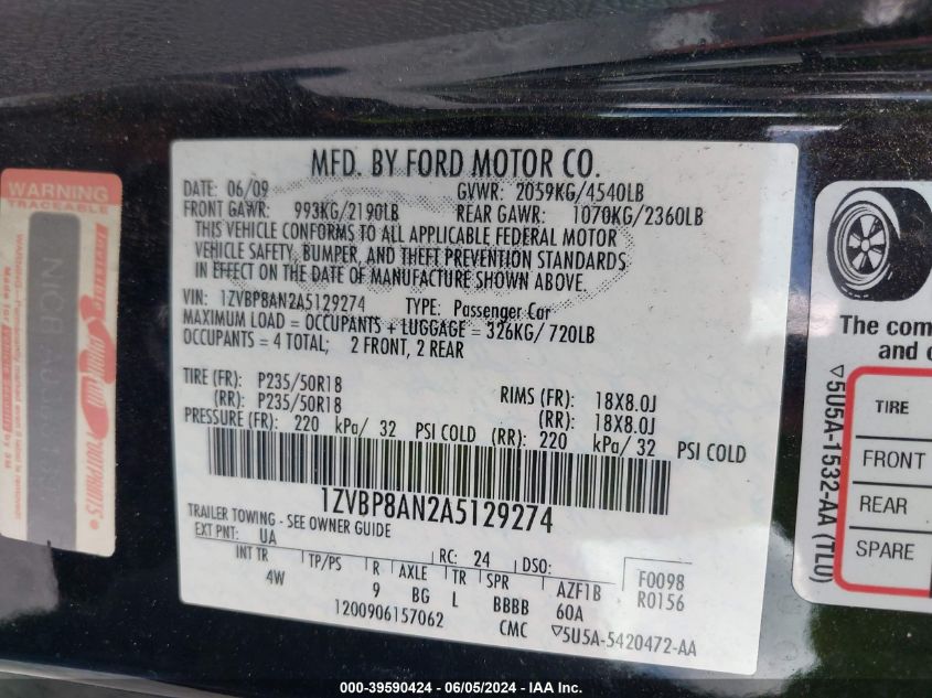 2010 Ford Mustang V6/V6 Premium VIN: 1ZVBP8AN2A5129274 Lot: 39590424