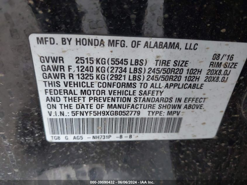 2016 Honda Pilot Touring VIN: 5FNYF5H9XGB052779 Lot: 39590432