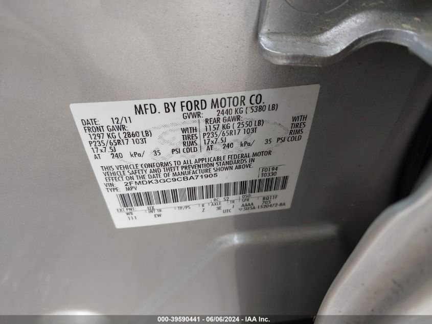 2012 Ford Edge Se VIN: 2FMDK3GC9CBA71905 Lot: 39590441