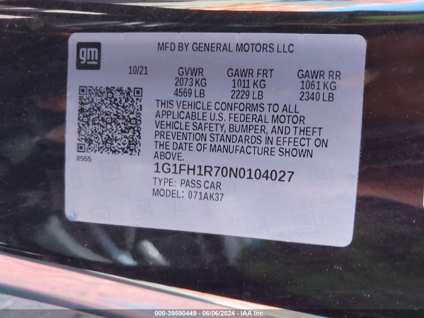 2022 Chevrolet Camaro Rwd 2Ss VIN: 1G1FH1R70N0104027 Lot: 39590449