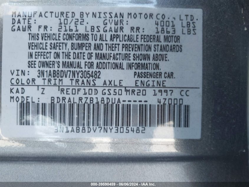 2022 Nissan Sentra Sr Xtronic Cvt VIN: 3N1AB8DV7NY305482 Lot: 39590459