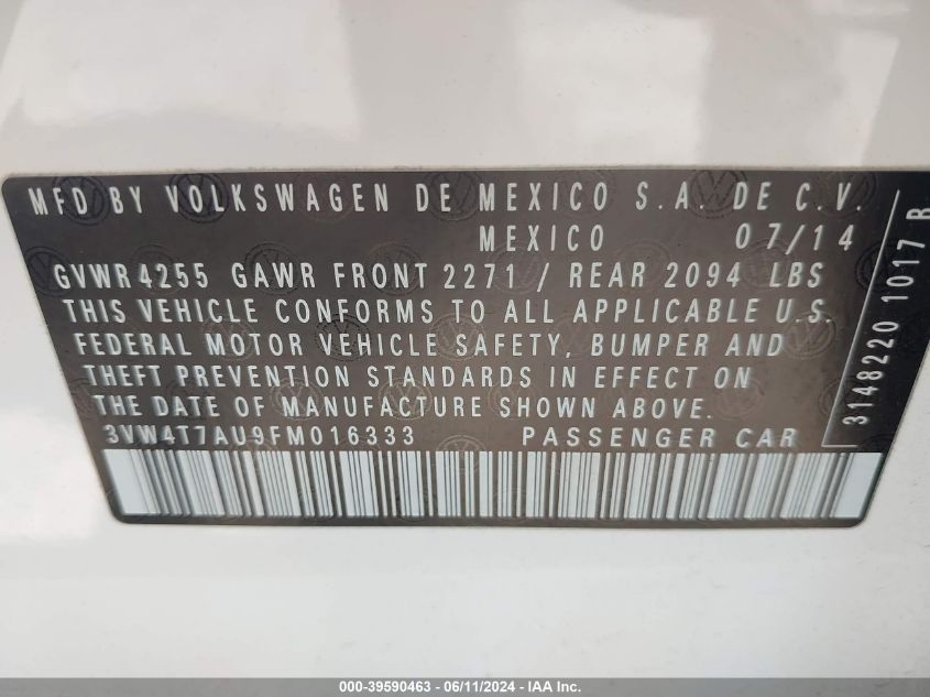 2015 Volkswagen Golf Gti 2.0T Autobahn 4-Door VIN: 3VW4T7AU9FM016333 Lot: 39590463