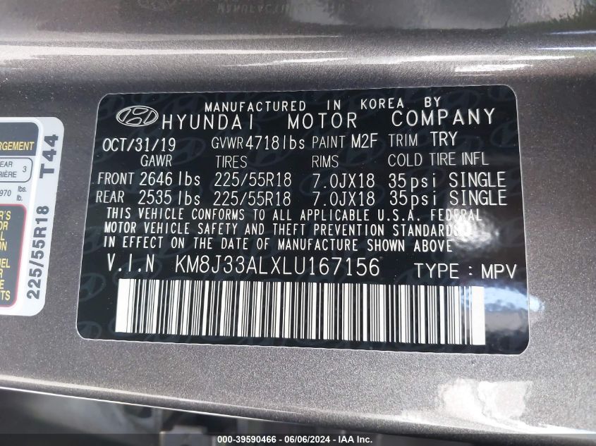 2020 Hyundai Tucson Sel VIN: KM8J33ALXLU167156 Lot: 39590466