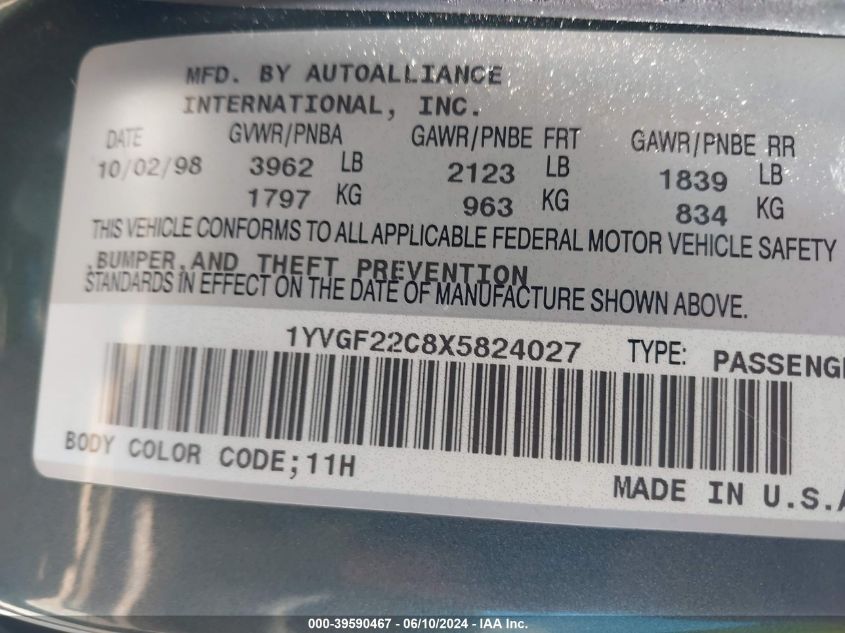 1999 Mazda 626 Es/Lx VIN: 1YVGF22C8X5824027 Lot: 39590467