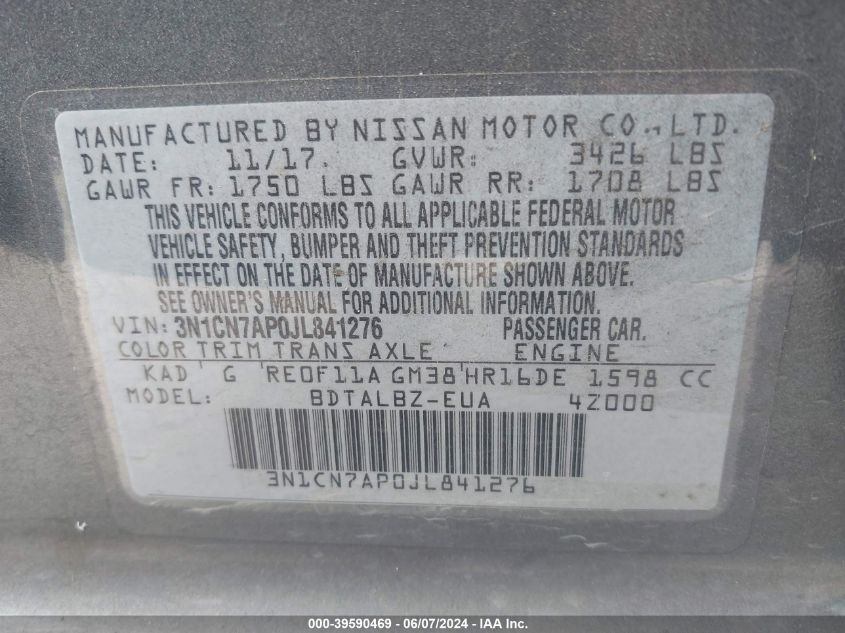 3N1CN7AP0JL841276 2018 Nissan Versa 1.6 Sv