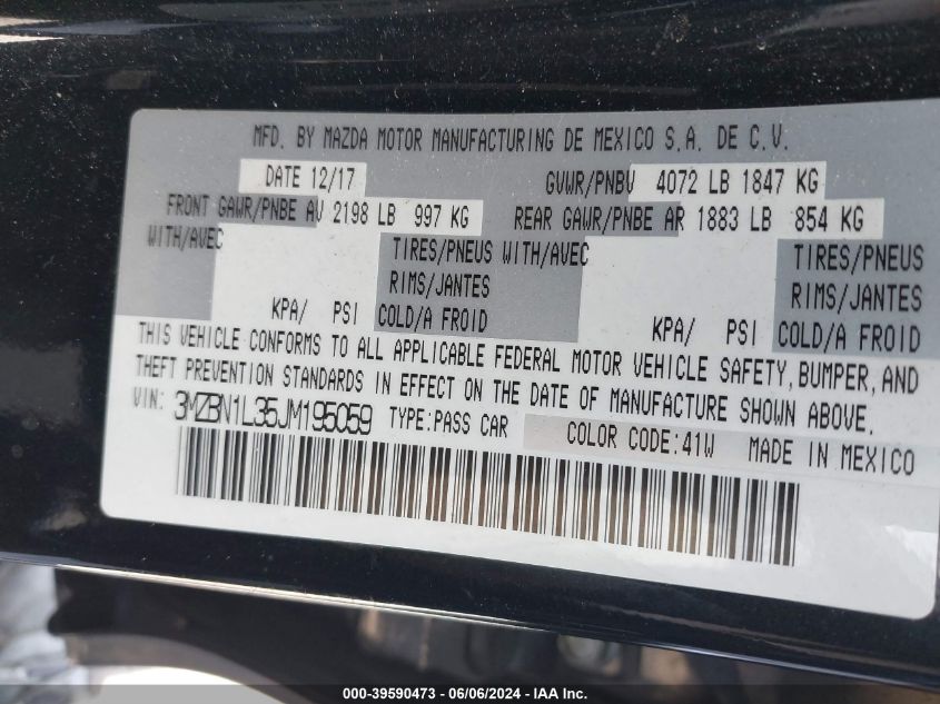 2018 Mazda Mazda3 5-Door Touring VIN: 3MZBN1L35JM195059 Lot: 39590473