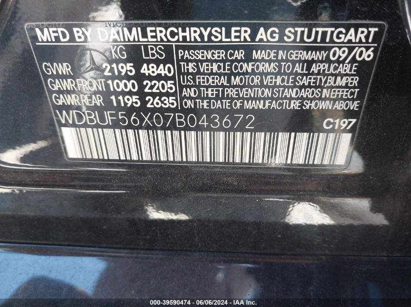 2007 Mercedes-Benz E 350 VIN: WDBUF56X07B043672 Lot: 39590474