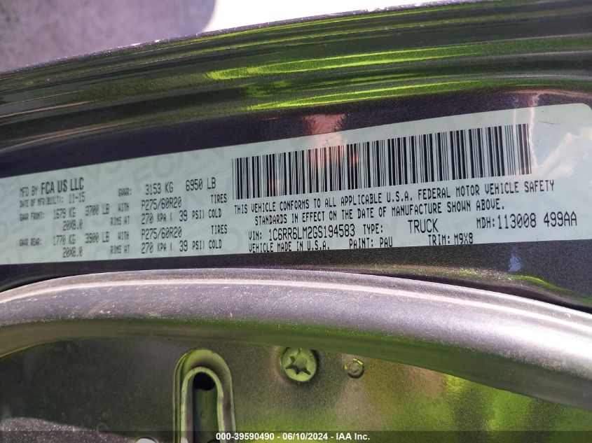 2016 Ram 1500 Big Horn VIN: 1C6RR6LM2GS194583 Lot: 39590490